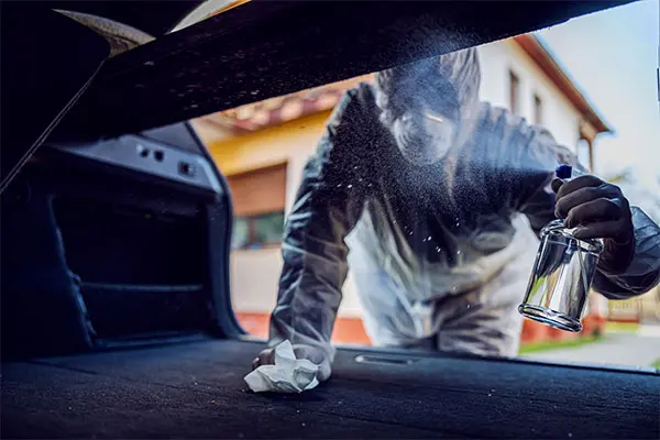 Man in protective suit with mask cleaning and disinfecting inside car